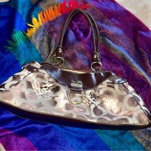 Coach Brown Signature Canvas and Leather Shoulder Bag with Gold Hardware